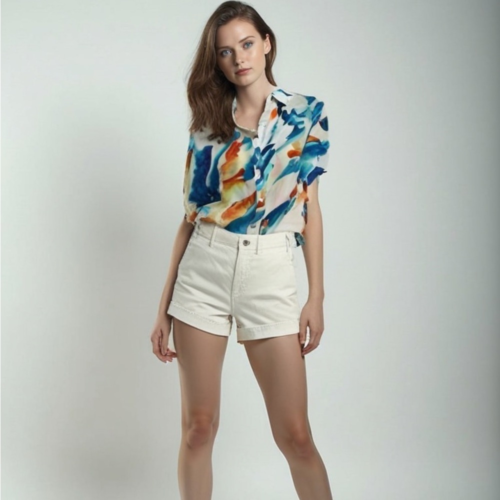 Soft Surroundings L Watercolor Print Cotton Long Sleeve Button-Up Blouse Women